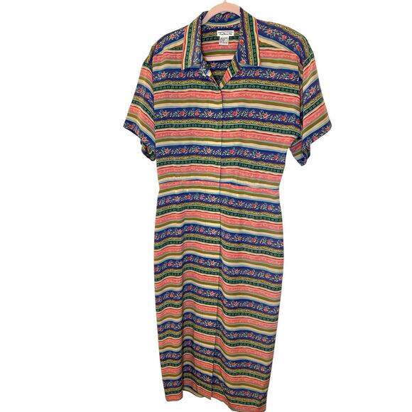 Vintage Talbots 100% Silk Button Up Dress Pink Blue Striped Floral sz 8 Bohemian - Picture 5 of 10